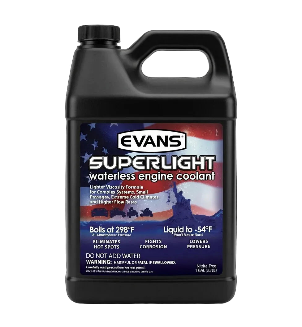 A 1-gallon black plastic jug of Evans SuperLight waterless engine coolant with a detailed label showing red, white, and blue graphics, set against a plain white background.